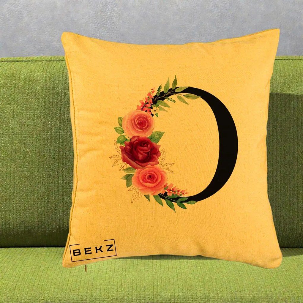 Cadou Personalizat - Perna Personalizata Monograma Florala Litera O, 40x40 cm, Galben, Husa Detasabila, Perna Inclusa, BEKZ®