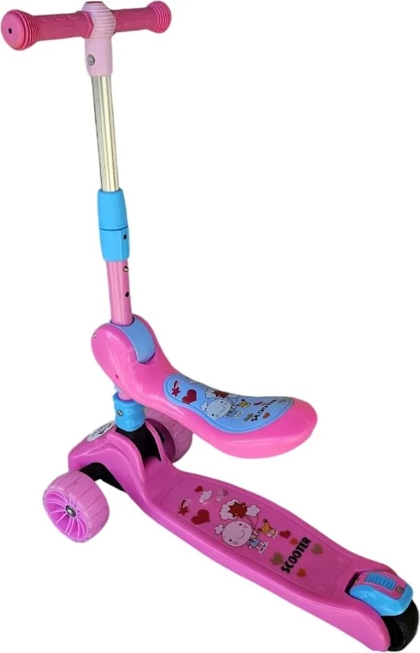 Trotineta 2 in 1 pentru copii cu roti luminoase din silicon NOVOKIDS™ Mini Scooter 8010, Cu melodii , 3 roti, Pliabila, Maner reglabil pe inaltime,