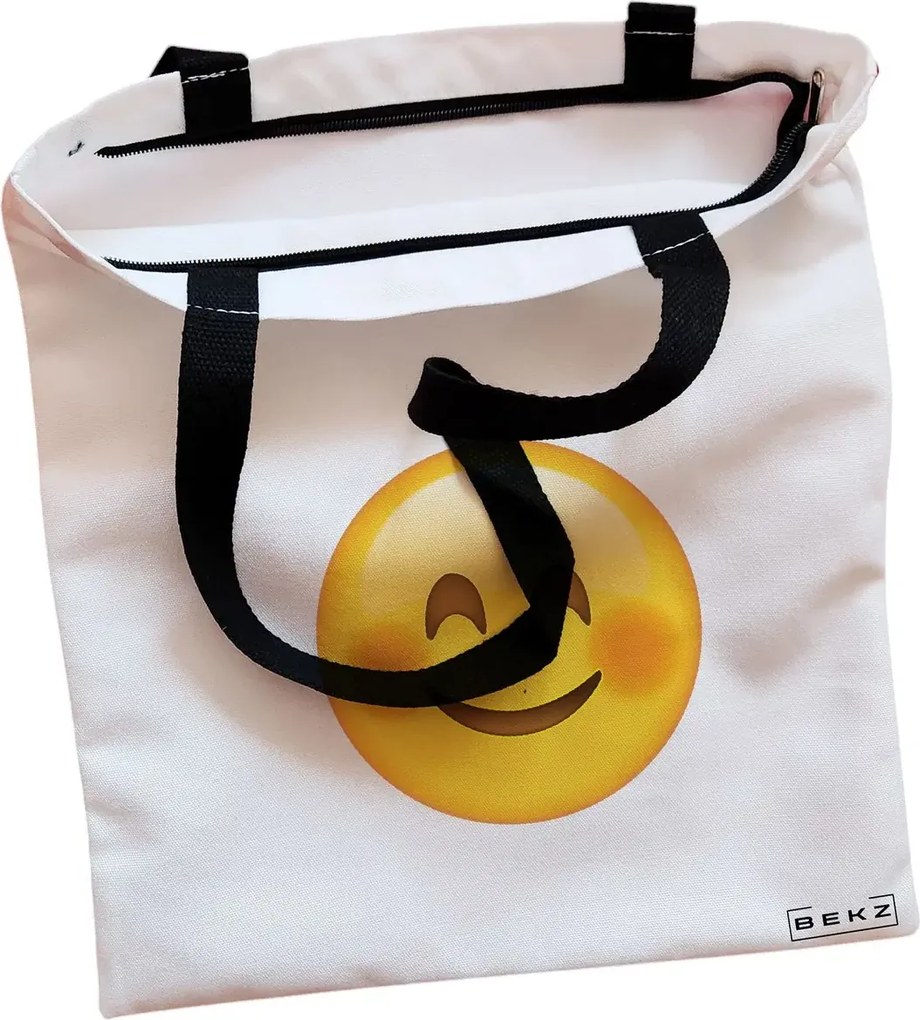 Sacosa de Panza pentru Cumparaturi, Geanta Tote, model Smiling Emoji, Cu fermoar, 38x34.5 cm, Alba, BEKZ®