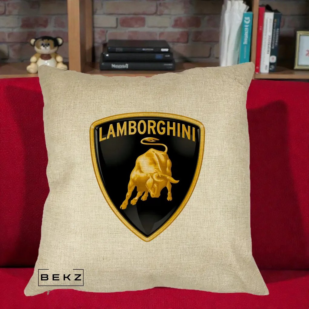 Perna Personalizata cu emblema Lamborghini, 40x40 cm, Crem, Husa Detasabila, Perna Inclusa, BEKZ®