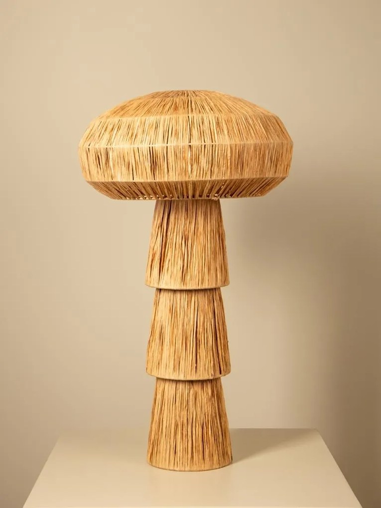 Lampă de masă din rafie naturală bej, cu structură din metal, formă de ciupercă, finisaj natural, 65×40 cm, „Mushroom"