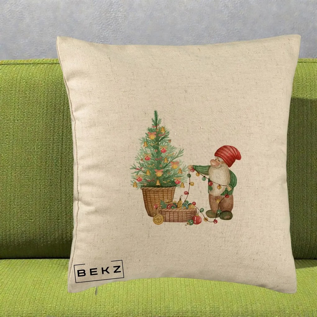 Perna Decorativa Pitic de Craciun cu Brad, 40x40 cm, Bej, Husa Detasabila, Perna Inclusa, BEKZ®