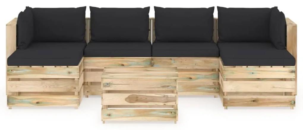Set mobilier de gradina cu perne, 7 piese, lemn verde tratat negru si maro, 7