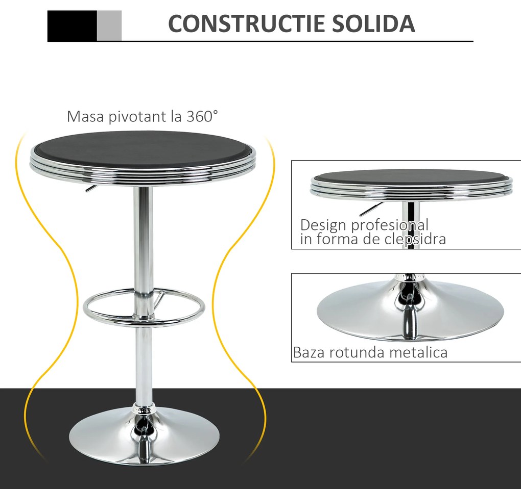 Masa Moderna de Bar HOMCOM, Multifunctionala, Metal si Imitatie de piele Neagra, Φ65x66-90cm | Aosom RO