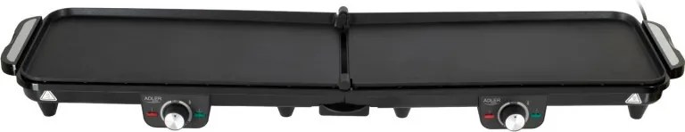 Grătar electric dublu pliabil Adler AD 6617, 3000 W, deschidere la 180°, 96 x 26 cm, plăci antiaderente, 2 termostate, tavă pentru grăsime, negru