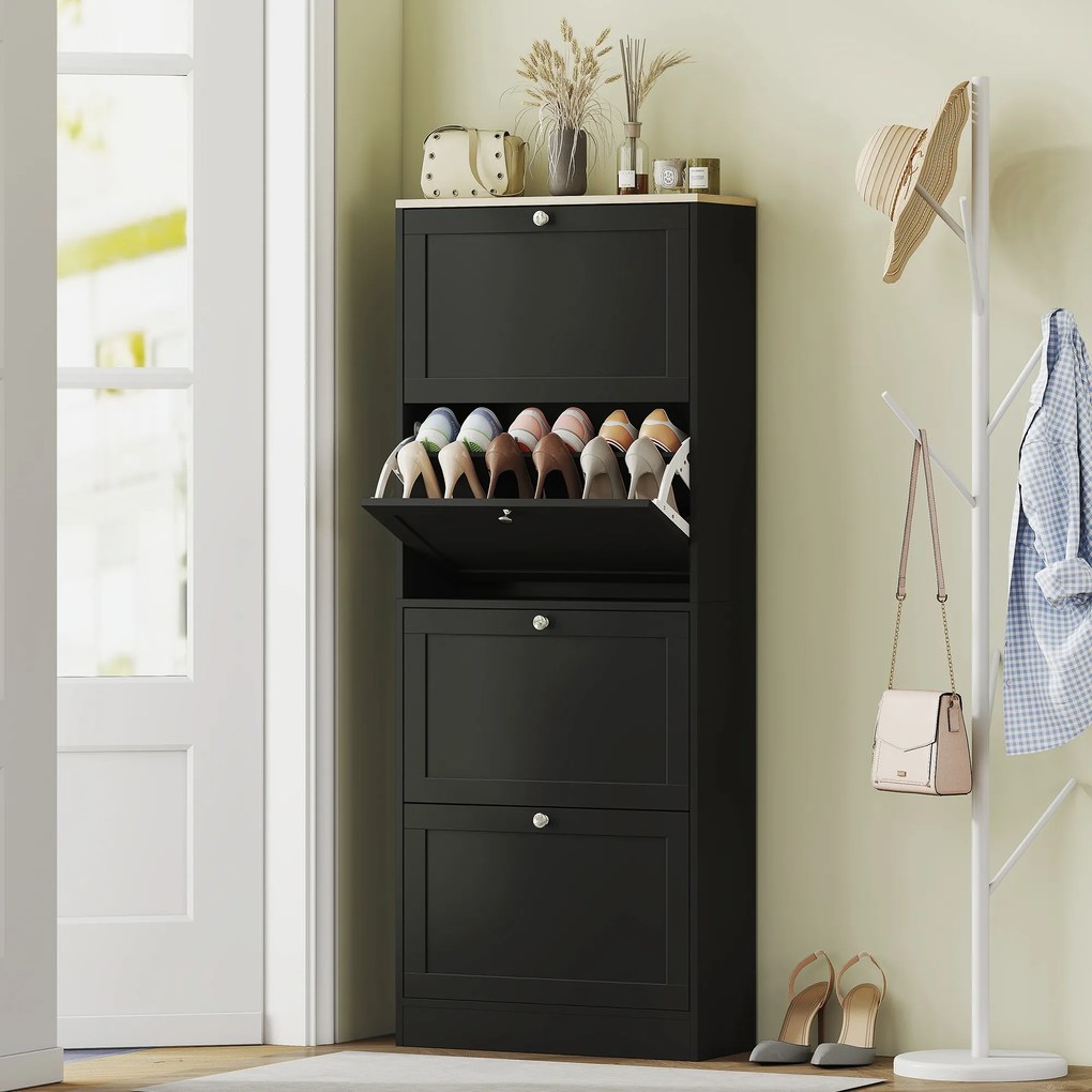 HOMCOM Pantofar Compact cu 4 Sertare și Rafturi Reglabile pe 2 Niveluri, 60 x 23,5 x 153,3 cm, Negru | Aosom Romania