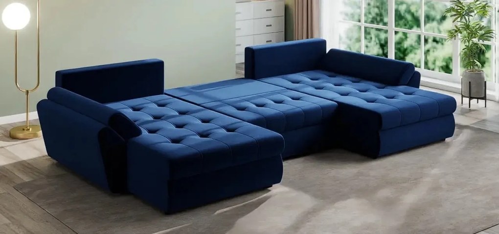 Colțar extensibil dumonde cu ladă de depozitare si sezut confortabil din spuma high-density, Loana U Royal Blue 355x185 cm
