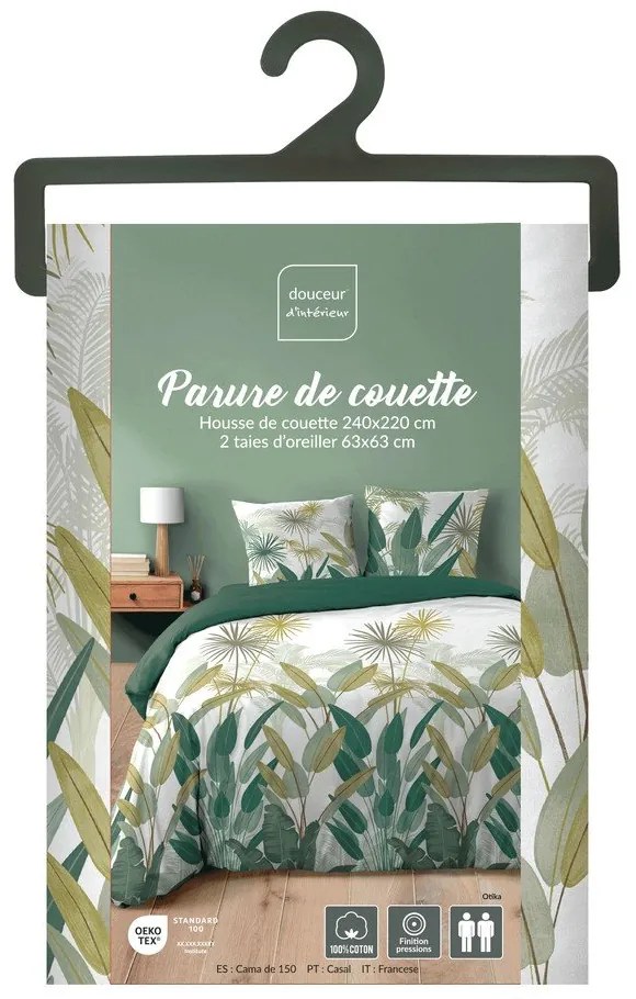 Lenjerie de pat albă-verde din bumbac pentru pat dublu, extinsă 240x220 cm Otika – douceur d'intérieur