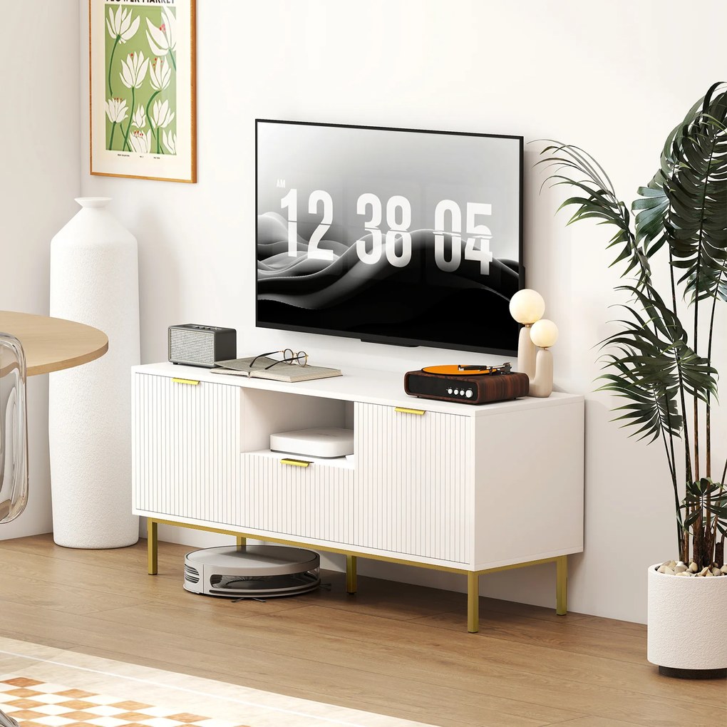 HOMCOM Comodă TV, mobilier TV pentru 127 cm cu 2 uși cu închidere silențioasă, sertar și compartiment deschis, 120x39x54cm, alb | Aosom Romania