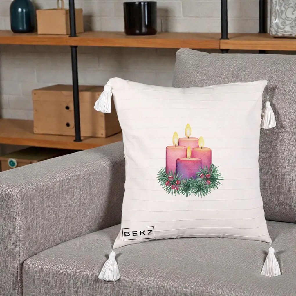 Perna Decorativa Lumanari Advent Roz-Violet, 40x40 cm, Bej cu Franjuri, Husa Detasabila, Perna Inclusa, BEKZ®