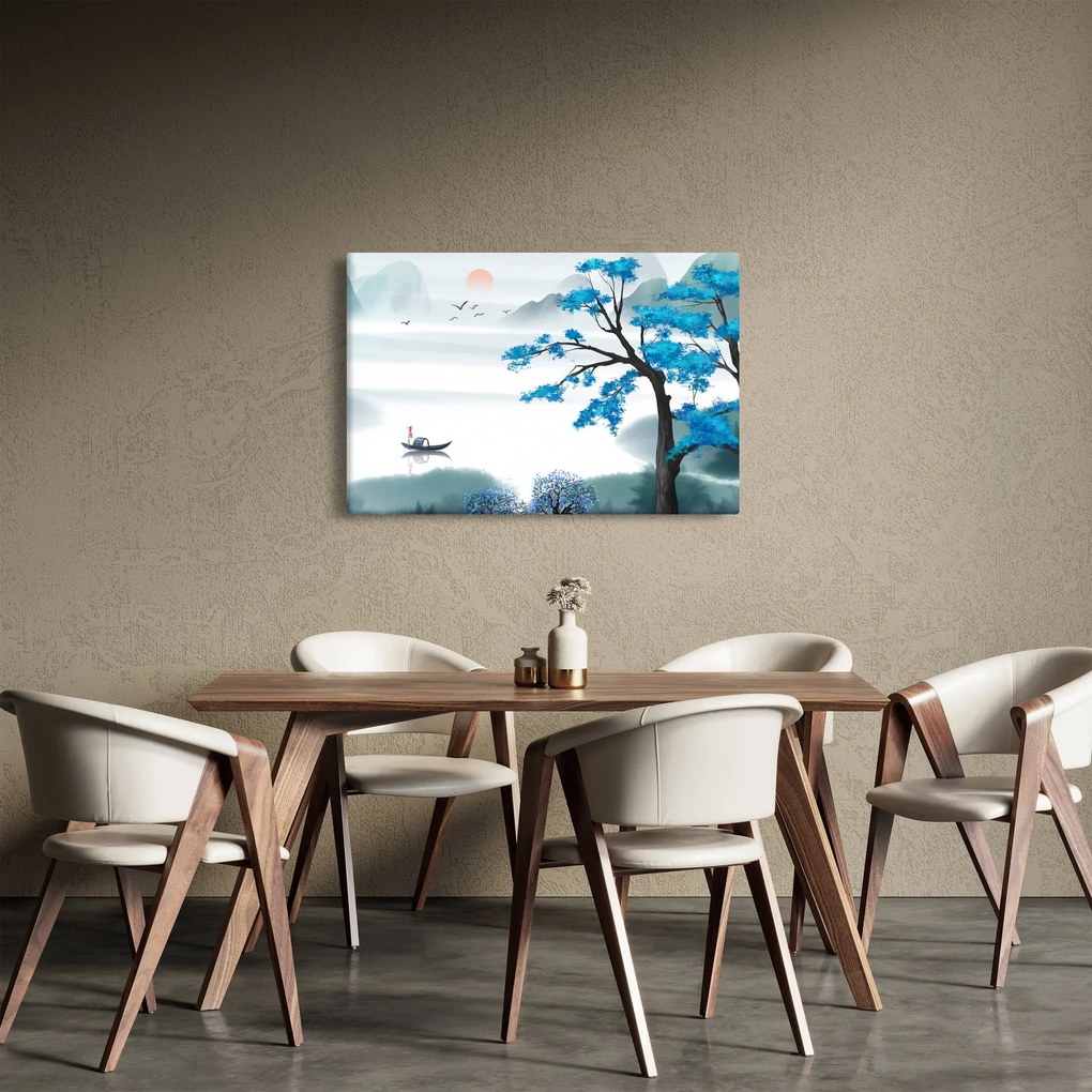 Tablou - Pictură, lac cu barcă (90x60 cm)