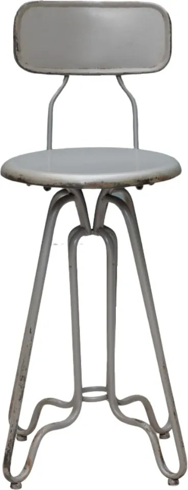 Scaun de bar cu spătar pentru insulă, în stil industrial, din metal, gri, picioare curbate, finisaj antichizat, 88 x 35 x 41 cm, „Valéry”