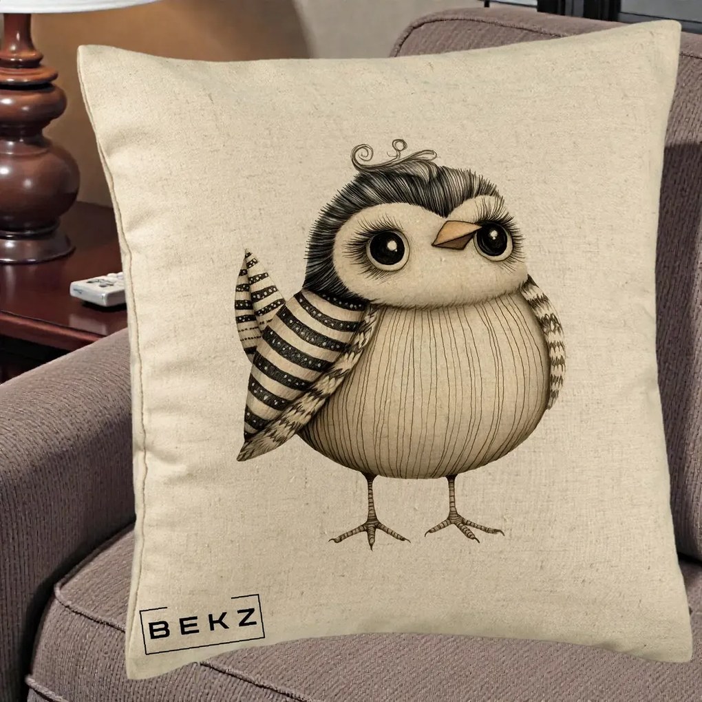 Perna Decorativa Pui Elegant Alb-Negru, 40x40 cm, Bej, Husa Detasabila, Perna Inclusa, BEKZ®