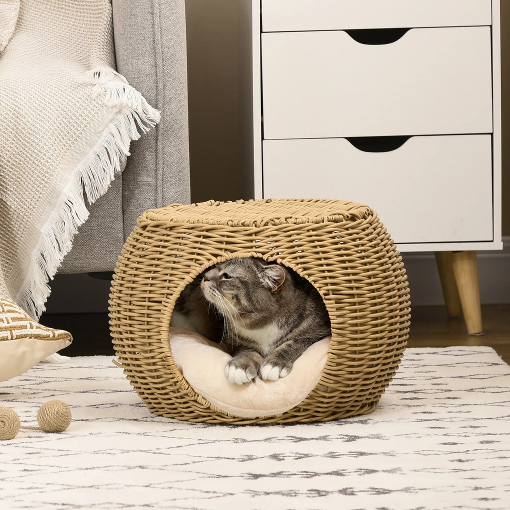 PawHut Niche coș casă pentru pisici 2 etaje din rășină împletită aspect răchită cu 1 pernă moale Ø 40 x 30 cm maro deschis | Aosom Romania