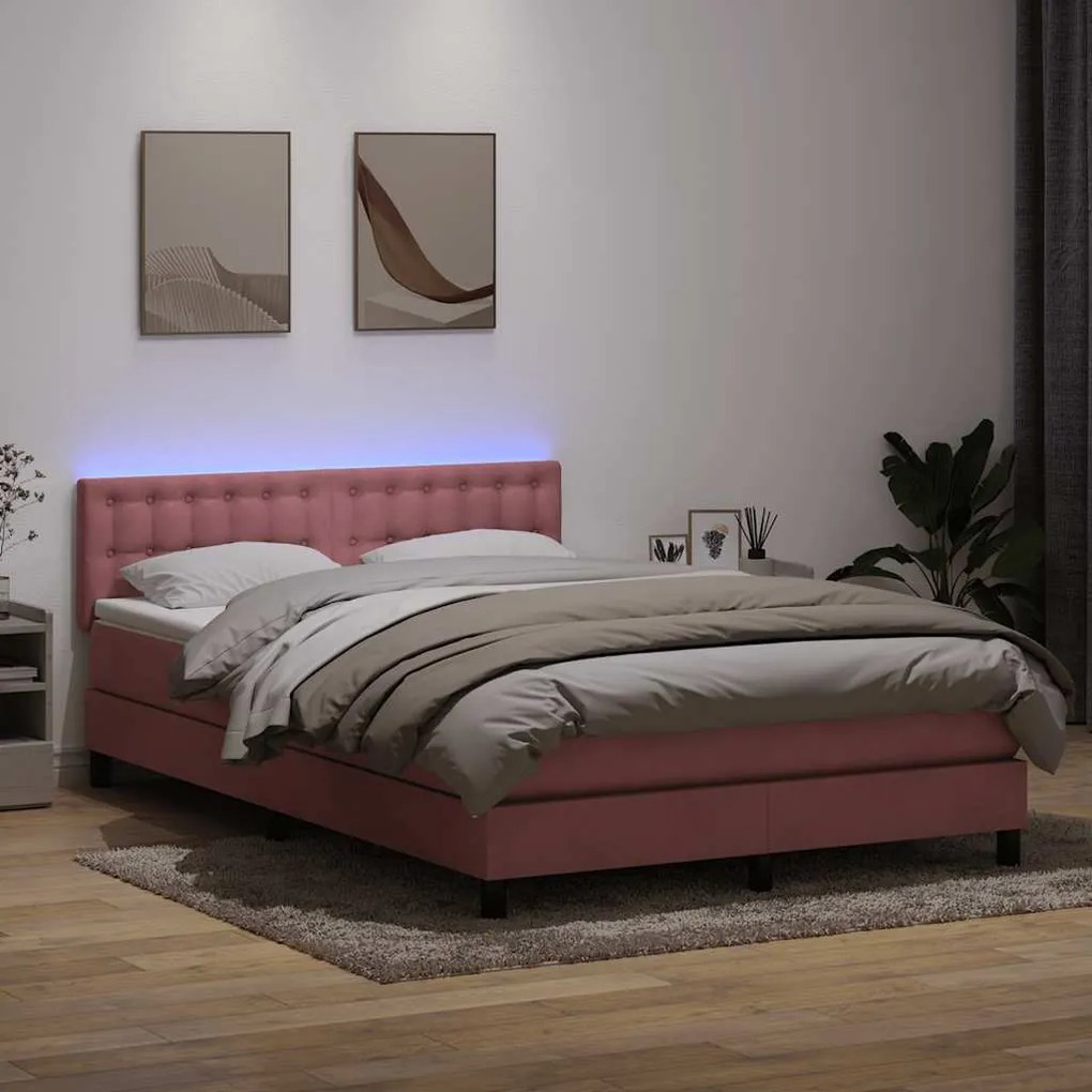 vidaXL Pat box spring cu saltea, roz, 140x210 cm, catifea