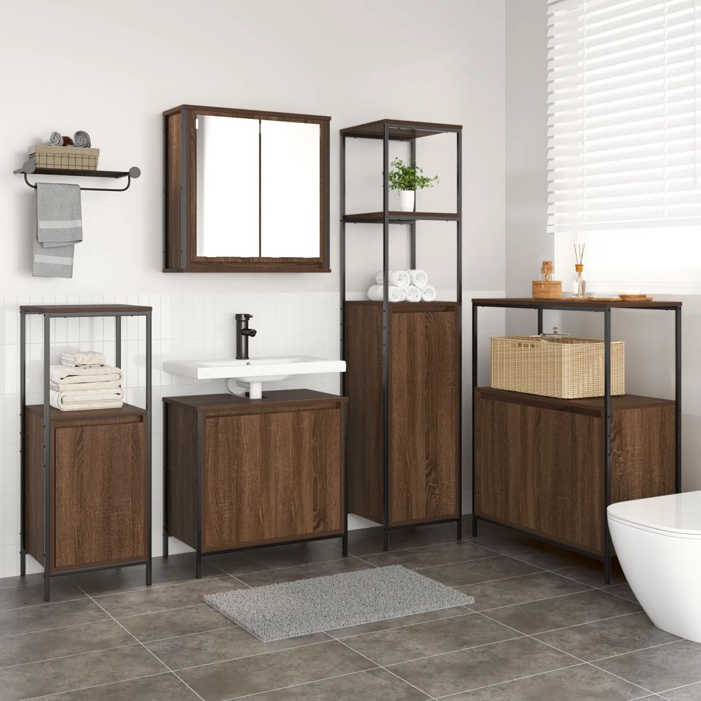 vidaXL Set mobilier baie, 5 piese, stejar maro, lemn prelucrat