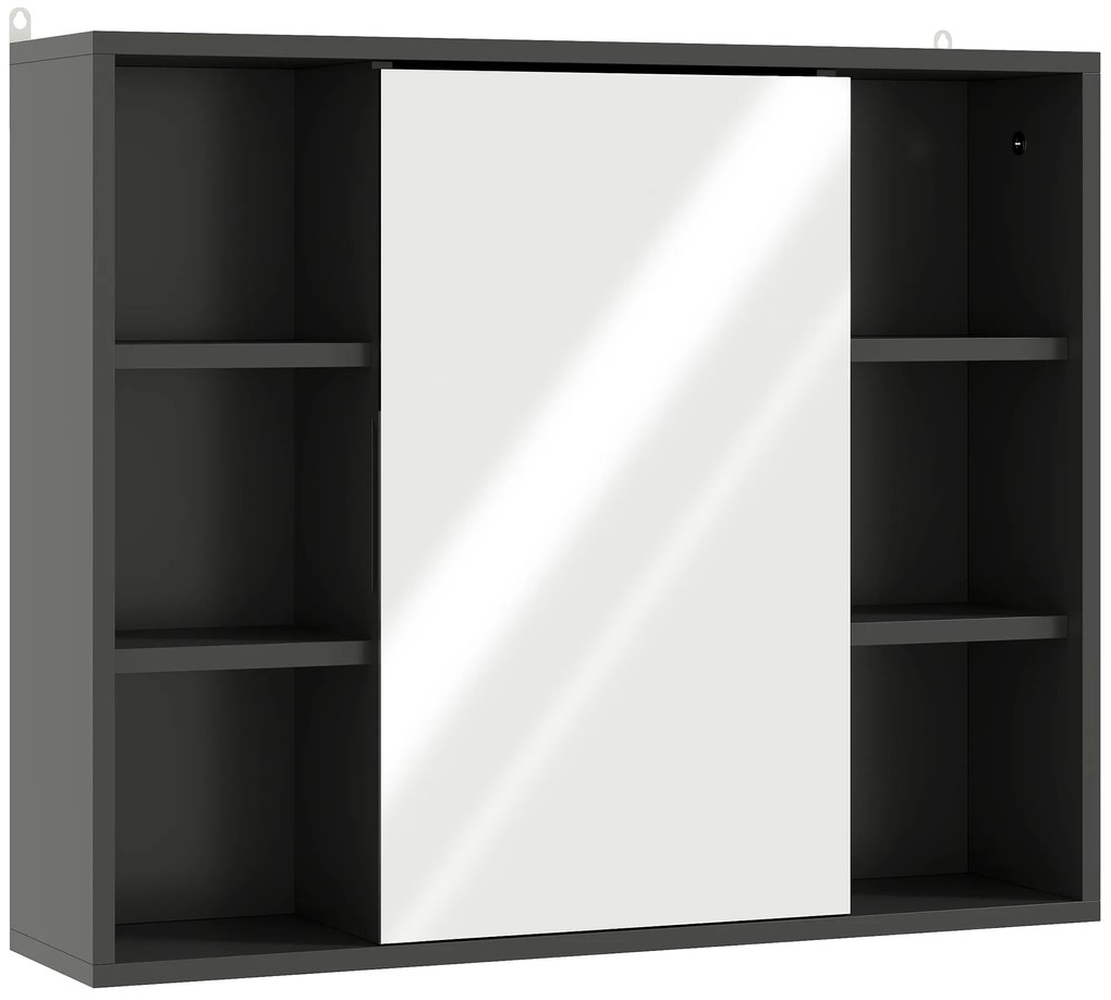 HOMCOM Mobilier baie cu oglindă, dulap cu uși și 6 compartimente deschise, 60 x 14,5 x 49,4 cm, negru | Aosom Romania