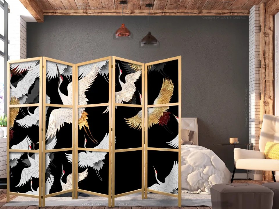 Paravan japonez - Cranes at Night - Golden-White Birds Flying Away on a Black Background