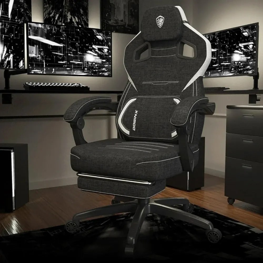 RESIGILAT- DOWINX Scaun gaming, ergonomic, suport lombar cu masaj, Șezut cu Arcuri Metalice și Spumă, Spătar înalt, rabatabil 90°-135°, Suport picioare, rezistent 150 kg, material textil respirabil, Negru