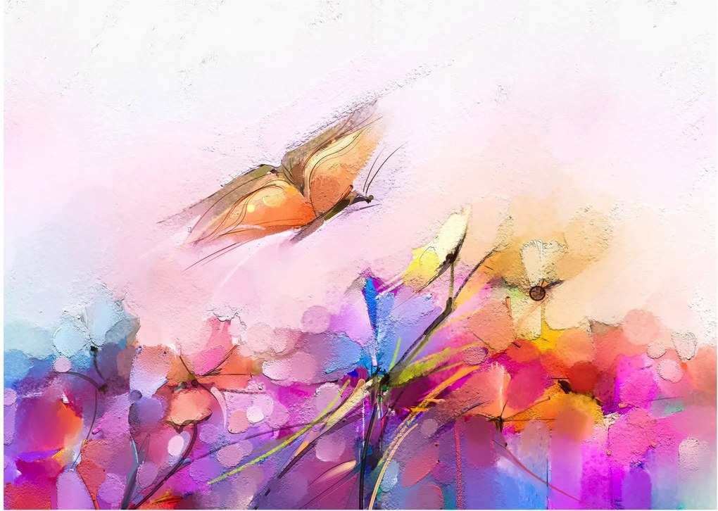 Tablou pe sticlă - Fluture asupra florilor, abstracție (70x50 cm)