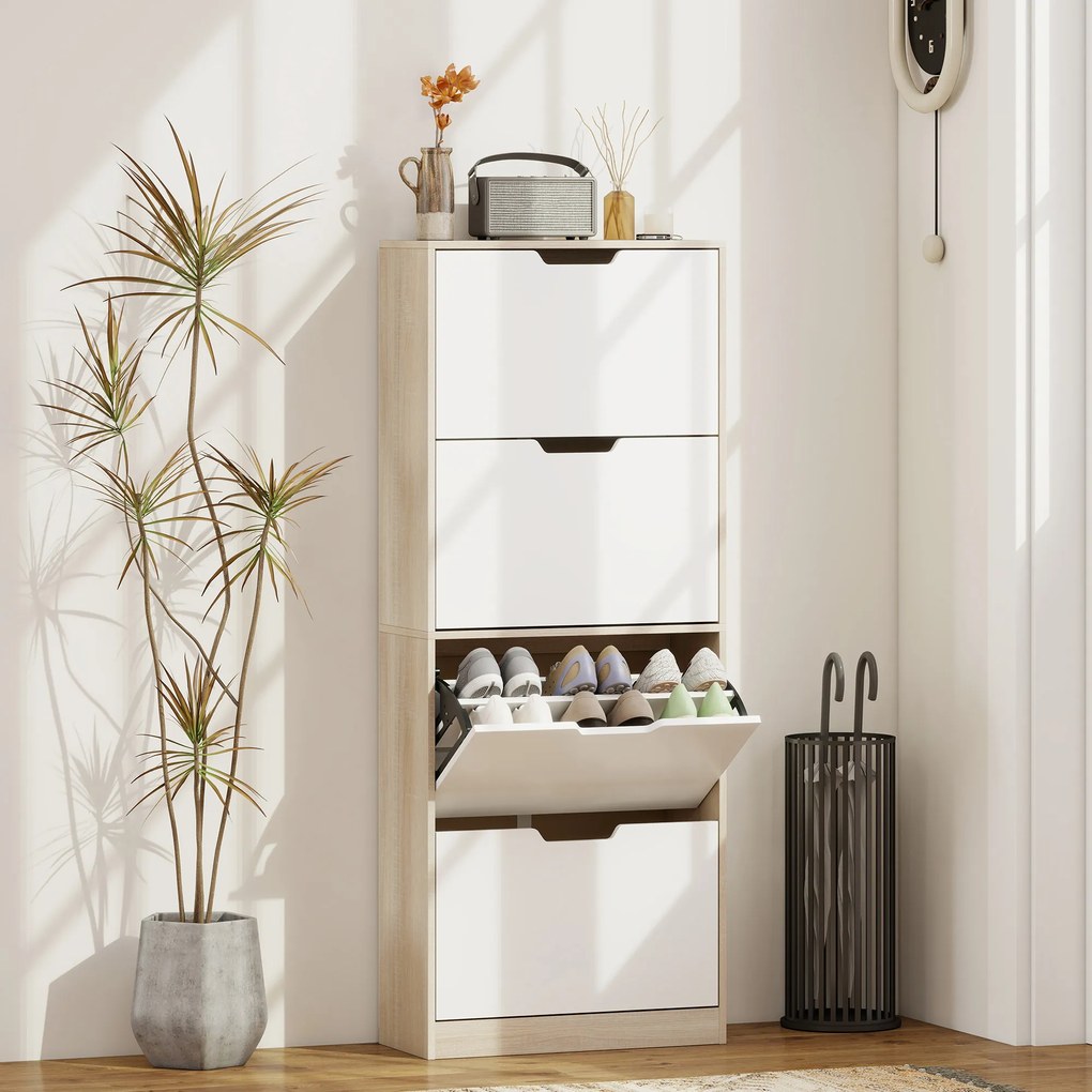 HOMCOM Dulap Subțire pentru Pantofi cu 4 Sertare pentru 16 de Perechi de Pantofi 62.5x26x156 cm, Culoare Lemn și Alb | Aosom Romania