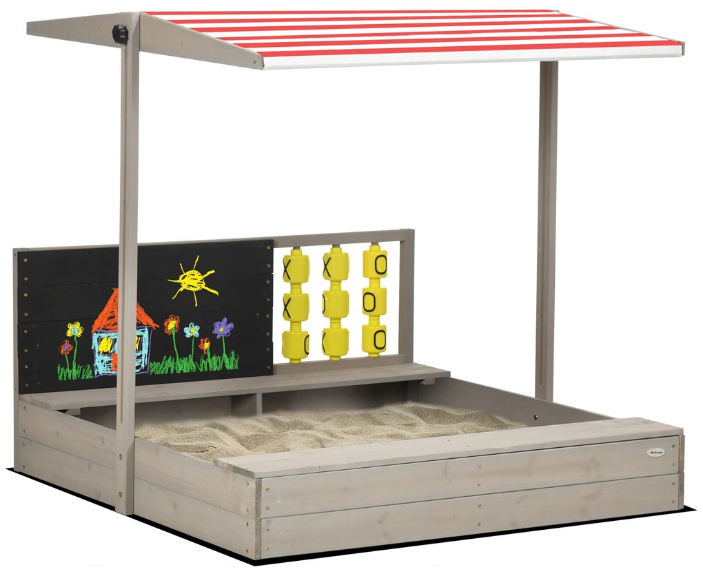 Outsunny Caz de nisip pătrat din lemn pentru copii cu bănci acoperiș reglabil, tablou și jocuri 114 x 113 x 110 cm gri | Aosom Romania