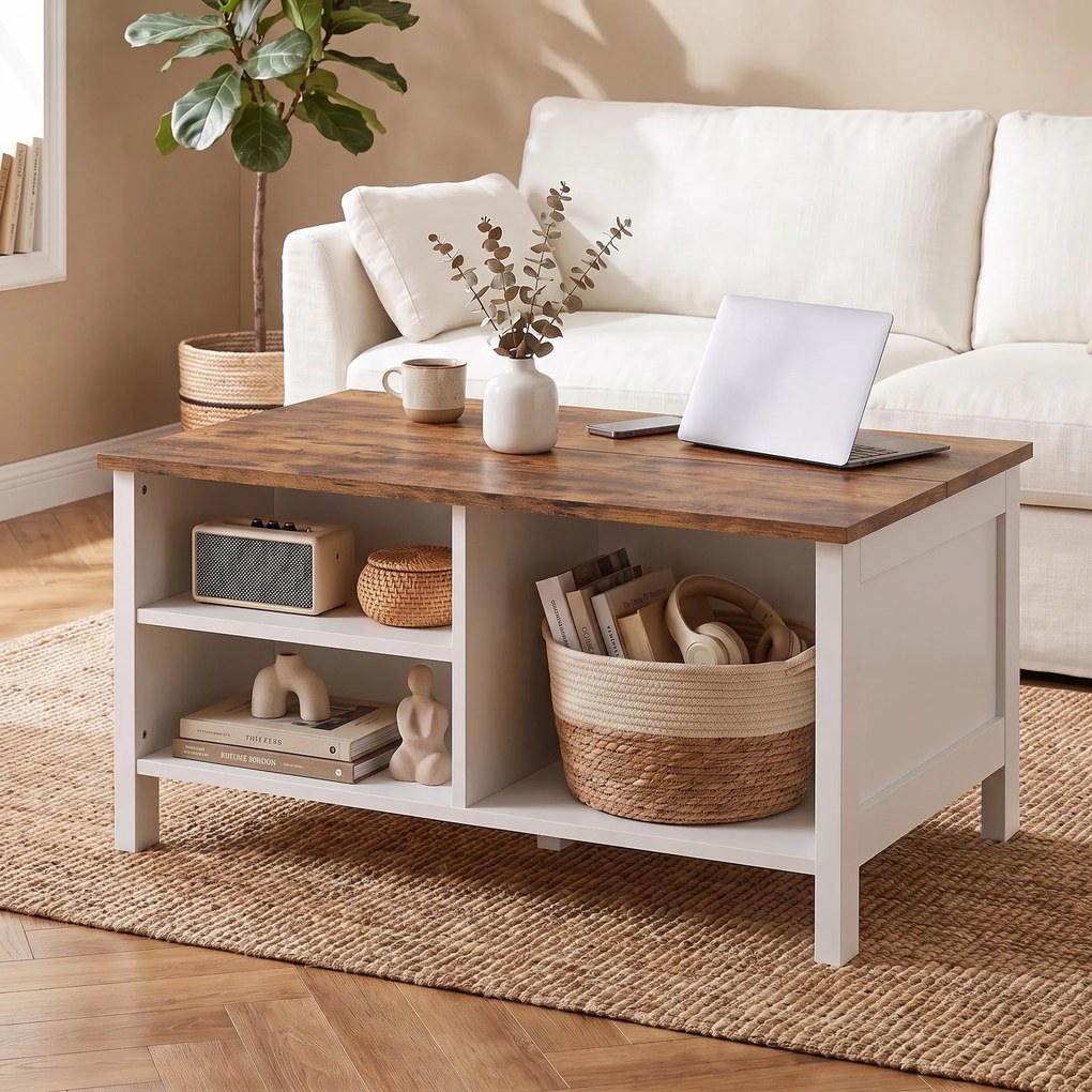 HOMCOM Cufăr de Depozitare 80x60x40 cm, cu Capac Rabatabil, Rafturi Deschise și Compartiment Ascuns, Maro Rustic | Aosom Romania