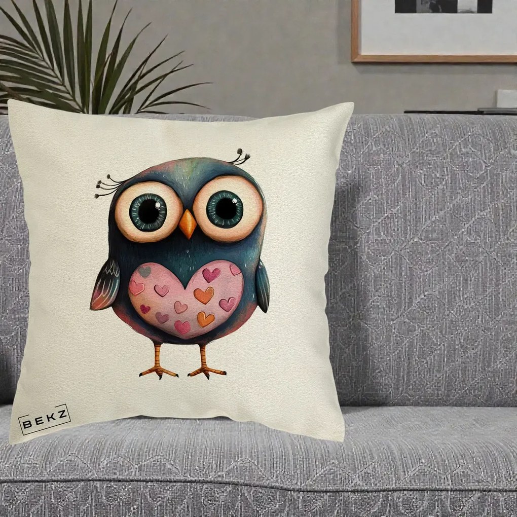 Perna Decorativa Bufnita cu Inimioare Roz, 40x40 cm, Ecru, Husa Detasabila, Perna Inclusa, BEKZ®