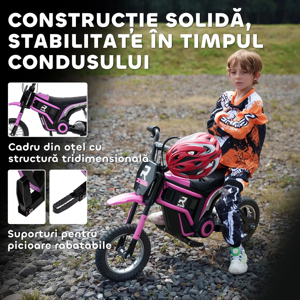 HOMCOM Motocicletă Electrică pentru Copii de 8-12 Ani cu Accelerație Manuală, și 2 Viteze, 119x64x76,5 cm, Roz | Aosom Romania