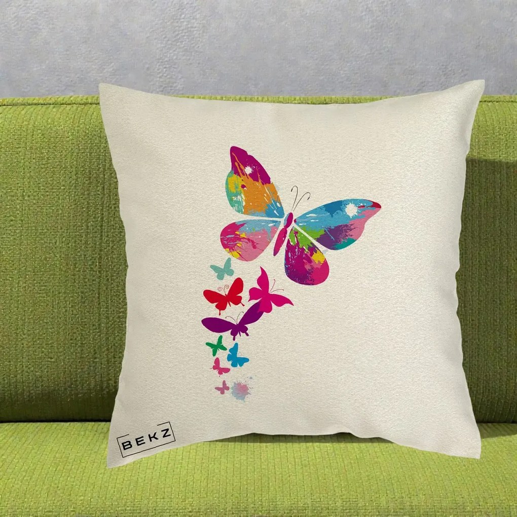 Perna Decorativa Fluturi Splash, 40x40 cm, Ecru, Husa Detasabila, Perna Inclusa, BEKZ®