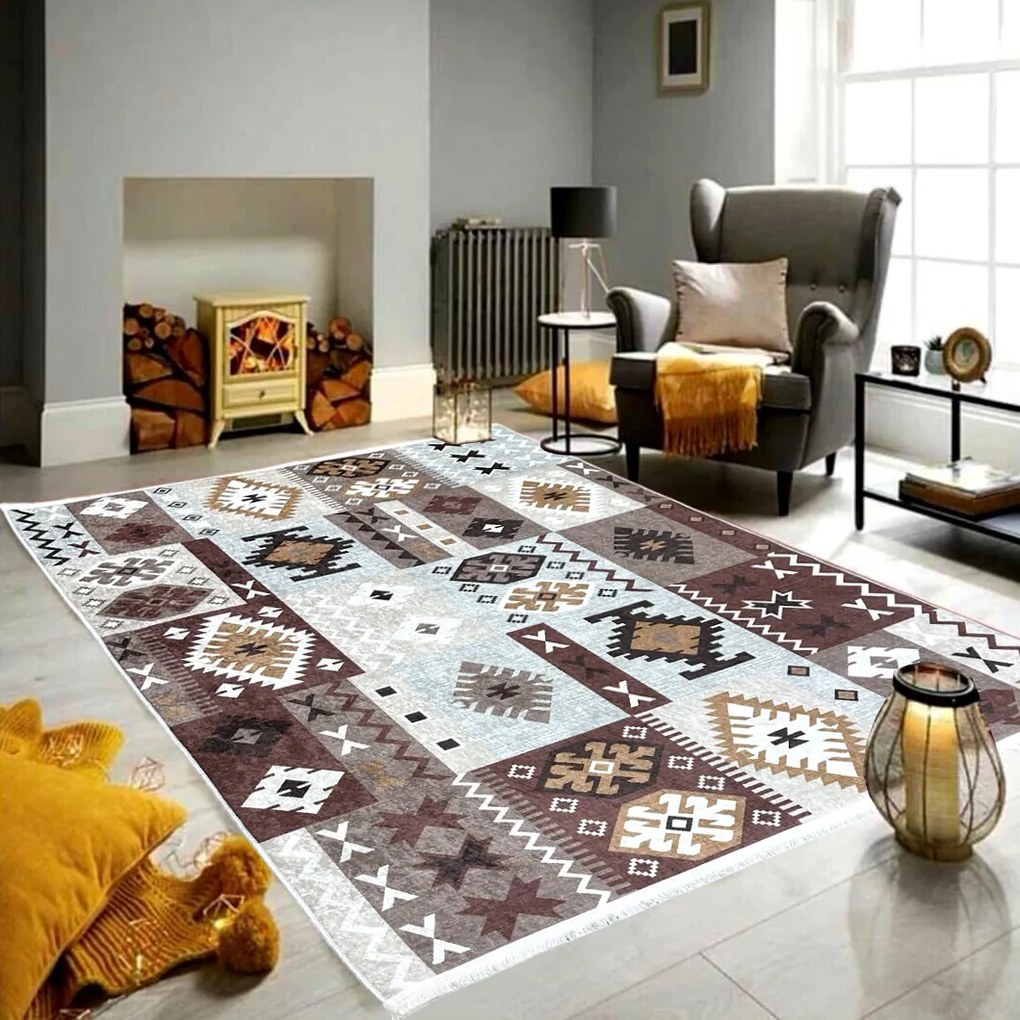 Covor camera antiderapant, bej-maro, Model Nomad