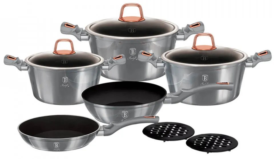 Set oale si tigai marmorate (10 piese) din aluminiu forjat Moonlight Collection Berlinger Haus BH 6020