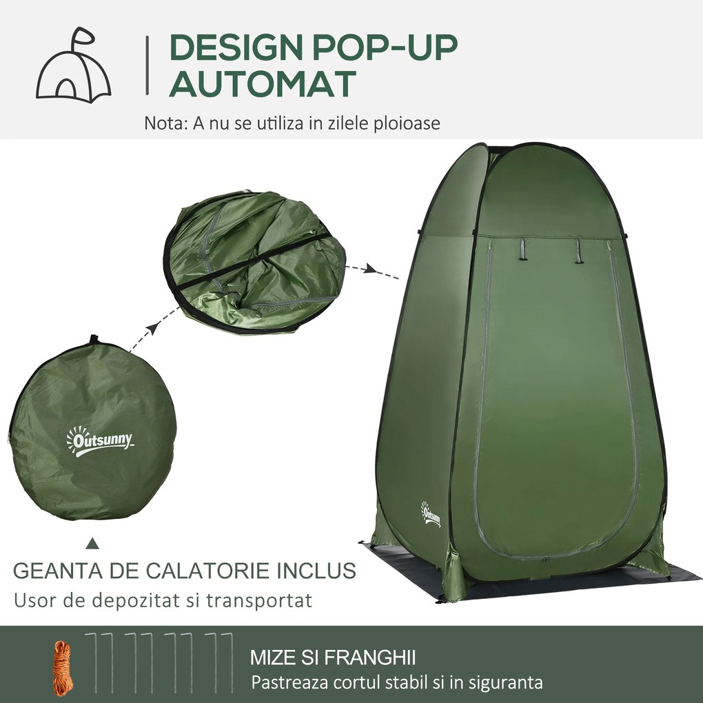 Outsunny Cort de Duș pentru Camping cu Ușă cu Fermoar, Geantă de Transport și Buzunar, 126x124x189 cm, Verde Închis | Aosom Romania
