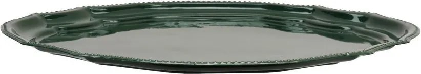 Tavă ovală vintage din metal emailat verde cu margine festonată și bordură cu mărgele, 36×30×H2 cm, „Madam"