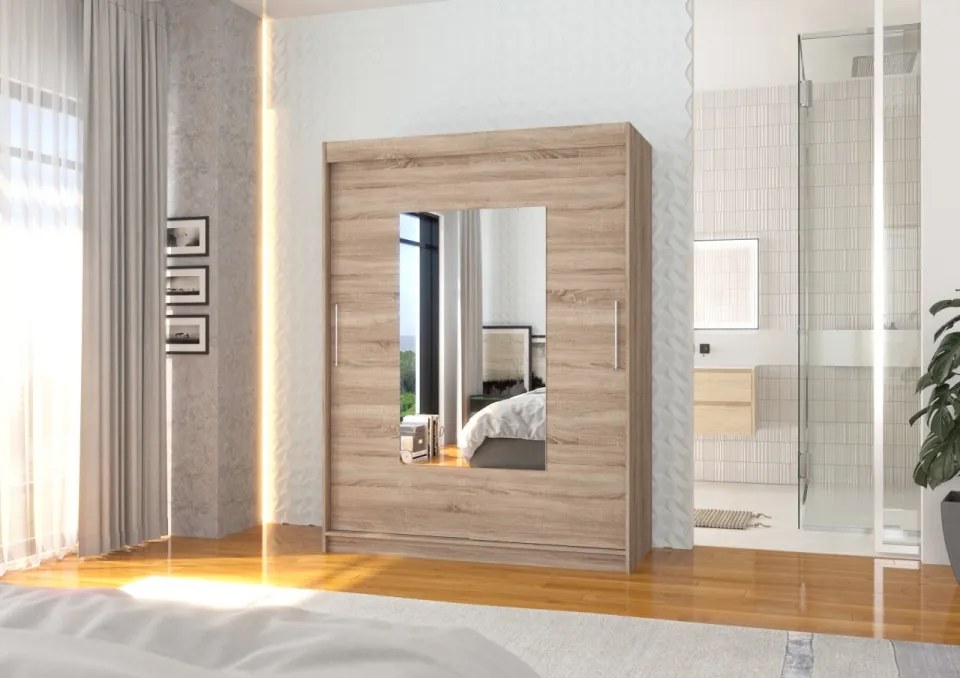 Dulap cu usi glisante si oglinda 150x200 cm, Dorrigo, ADRK Furniture (Culoare: Negru)