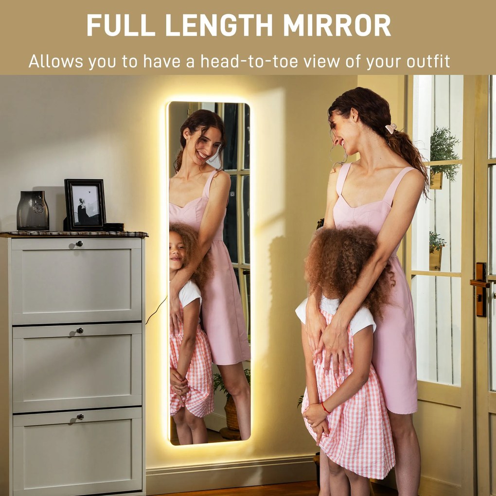 HOMCOM Oglindă întreagă cu LED-uri, control tactil, reglabil, fără ramă, 40 x 150 cm | Aosom Romania