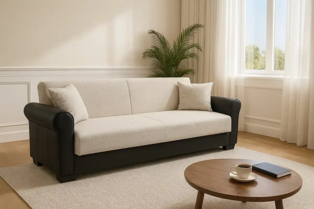 Canapea extensibila 3 loc cu spatiu de depozitare – stofa negru si bej – Country