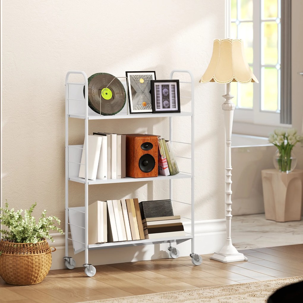 HOMCOM Cărucior Modern pentru Cărți cu 3 Nivele și Roți Pivotante pentru Cărți și Reviste, 69x26x108 cm, Alb | Aosom Romania