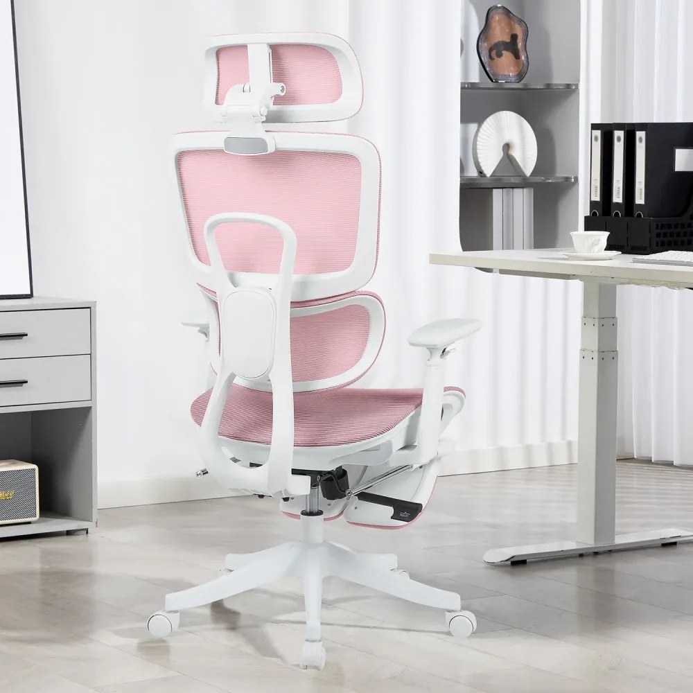 Scaun Ergonomic Premium Mesh cu Suport pentru Picioare, Reclinare 145°, Tetieră Reglabilă, Cotiere 3D, Suport Lombar Elastic și Șezut cu adâncime reglabilă, Roz