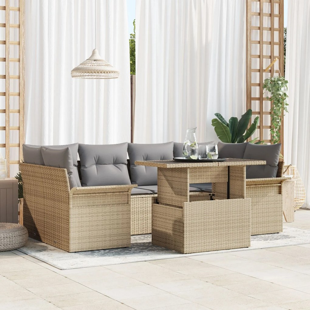 vidaXL Set de canapea de grădină format din 7 piese cu perne bej din rattan poly