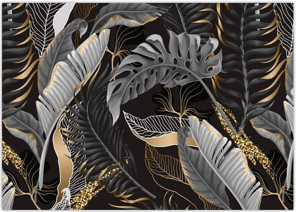 Tablou - Frunze tropicale, Galben - auriu (70x50 cm)