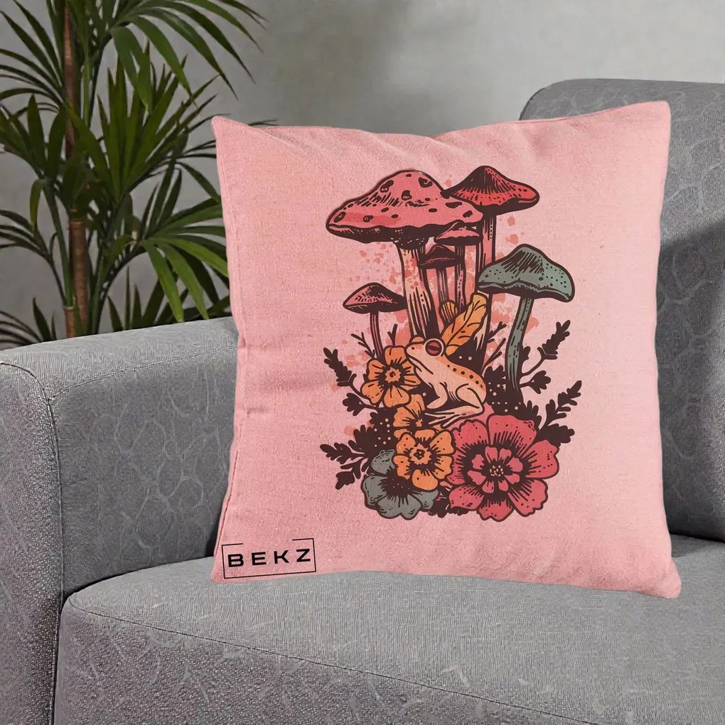 Perna Decorativa Ciuperci si Broaste Boho, 40x40 cm, Roz, Husa Detasabila, Perna Inclusa, BEKZ®