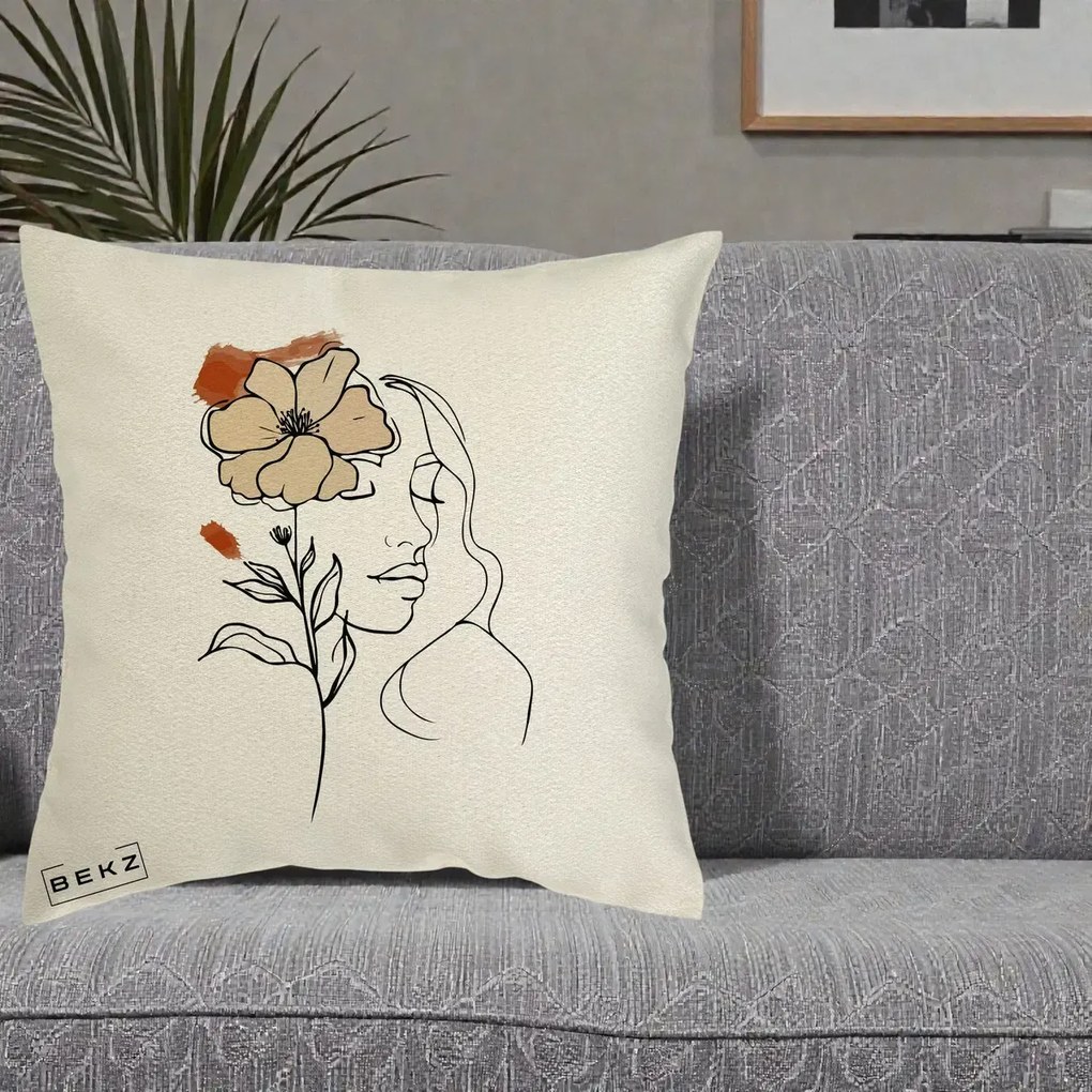 Perna Decorativa Portret Feminin Floare Bej Terracotta, 40x40 cm, Ecru, Husa Detasabila, Perna Inclusa, BEKZ®