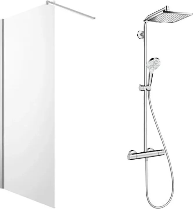 Pachet paravan dus Walk-In Omnires Marina crom 110x200 cm si coloana de dus Hansgrohe Crometta crom