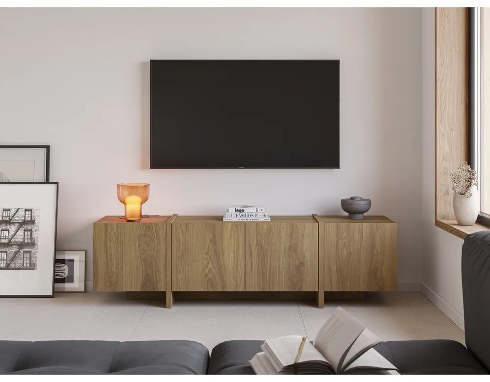 Comodă TV în culoare naturală cu aspect de lemn de stejar 180x55x35 cm Volia – Marckeric