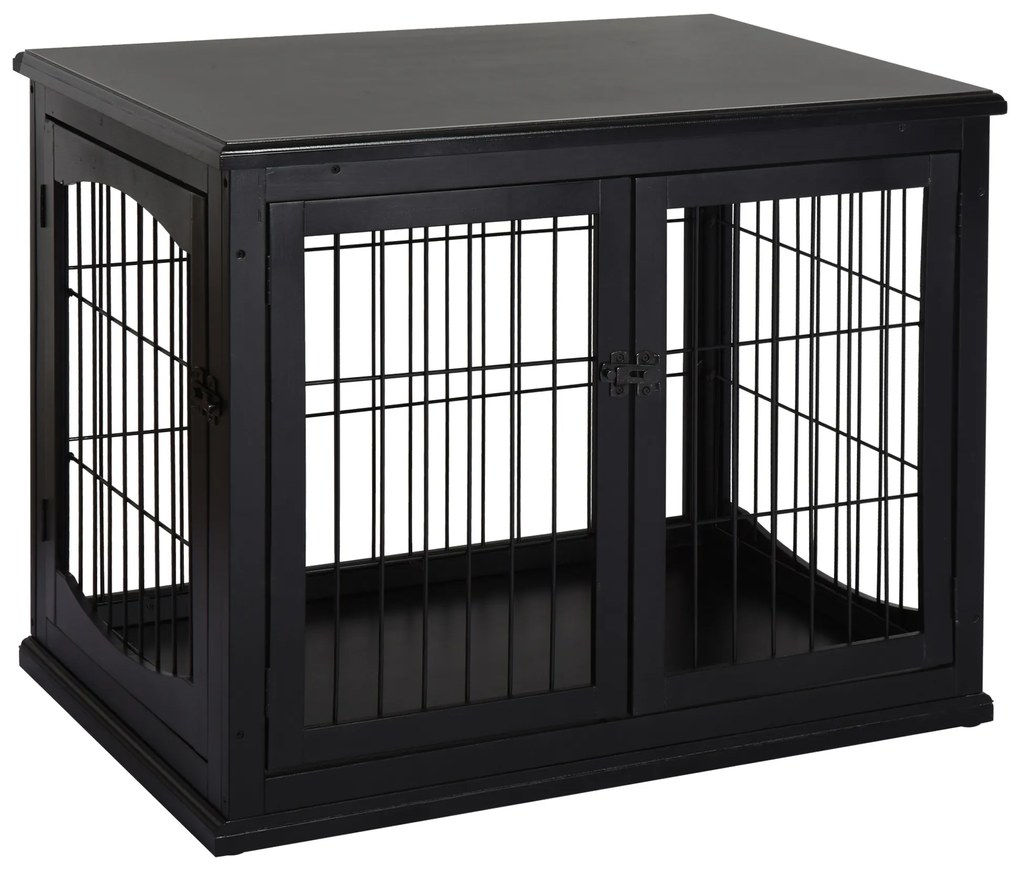 PawHut Cușcă pentru câine animale cușcă din MDF clasa E1 3 uși cu siguranță max. 30 Kg dim. 81L x 58l x 66Î cm negru | Aosom Romania