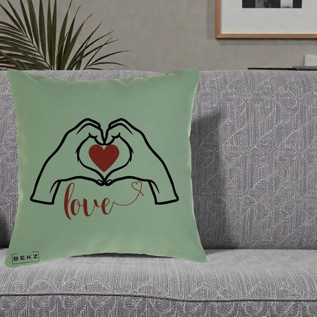 Perna Decorativa Love Maini Inima cu Inscriptie Love Rosu, 40x40 cm, Verde, Husa Detasabila, Perna Inclusa, BEKZ®