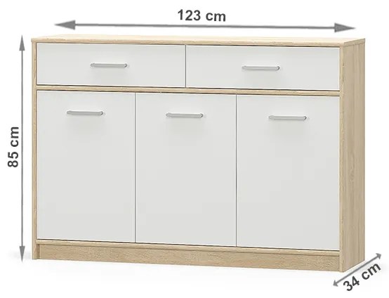 Comoda pentru hol living dormitor, cu sertare, stejar sonoma alb ,123x85x34 cm,Bortis Impex