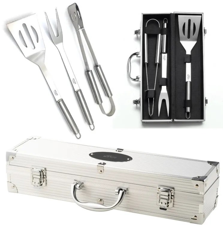 Set ustensile pentru gratar Adler AD 6729, 4 piese, Otel inoxidabil, Carcasa din aluminiu, Orificii de agatare, Argintiu
