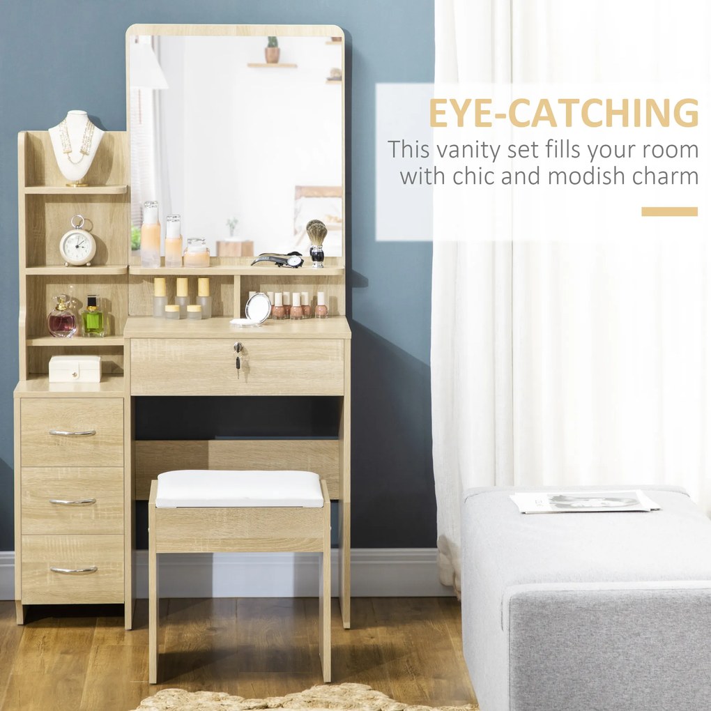 HOMCOM Masă de machiaj cu oglindă, scaun, sertare și rafturi alb | Aosom Romania